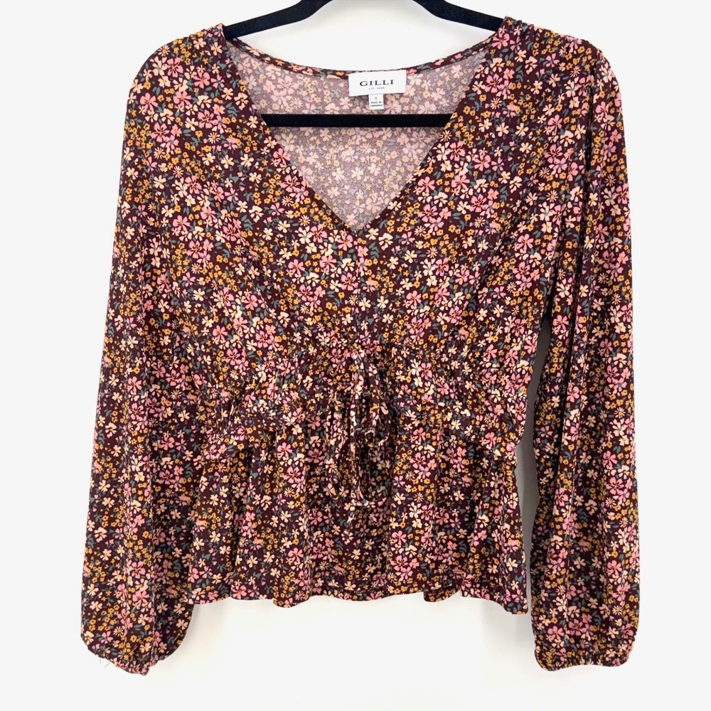 Gilli Romantic‎ Ditsy Floral Peplum Top Long Sleeve V-Neck Fairy Boho Blouse S